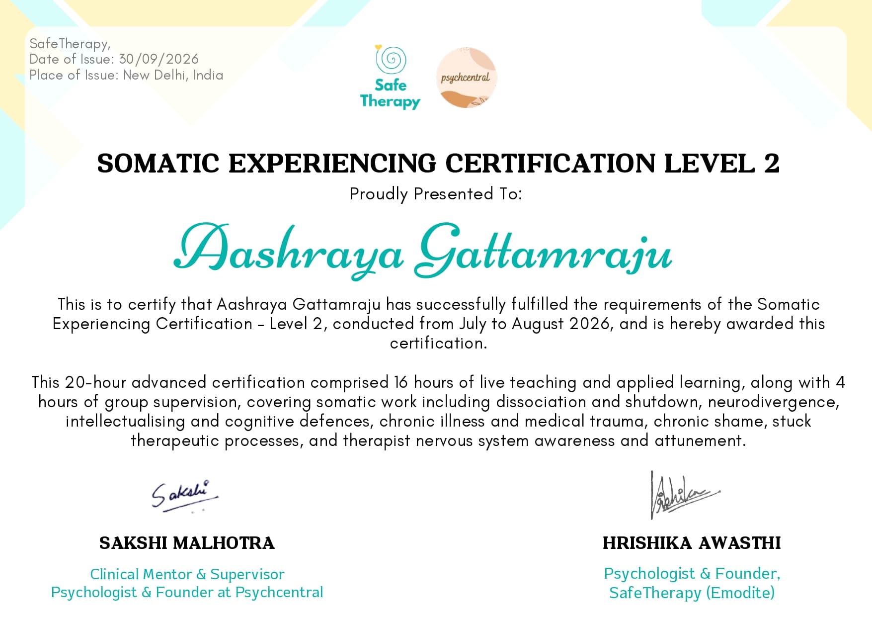 SOMATIC EXPERIENCING CERTIFICATION LEVEL 2 certificate